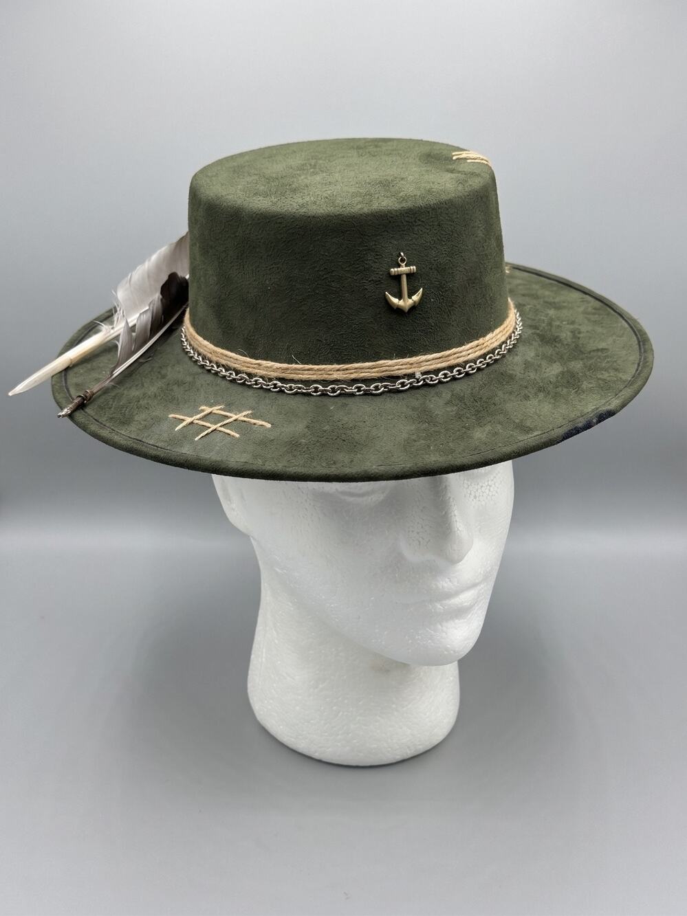 Handmade Green Wide Brim Hat Made in Mexico Large Feather Chain Western